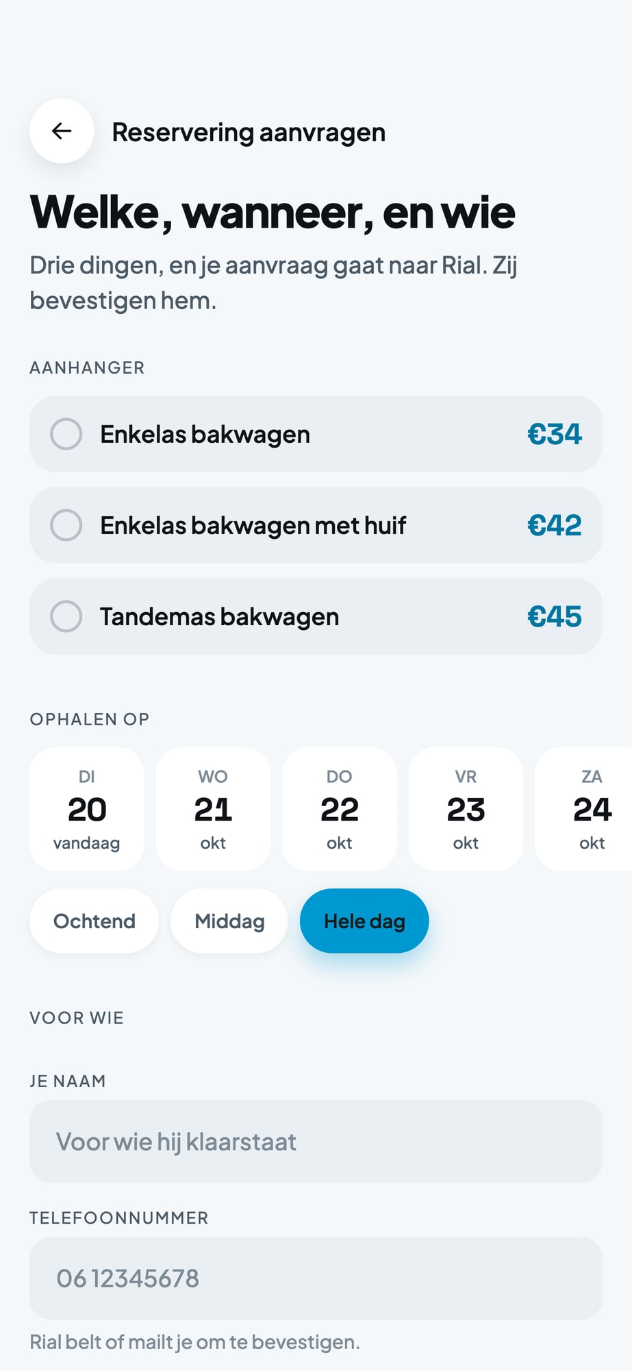 Scherm Reservering aanvragen in de app met de drie aanhangers, de ophaaldag en het dagdeel