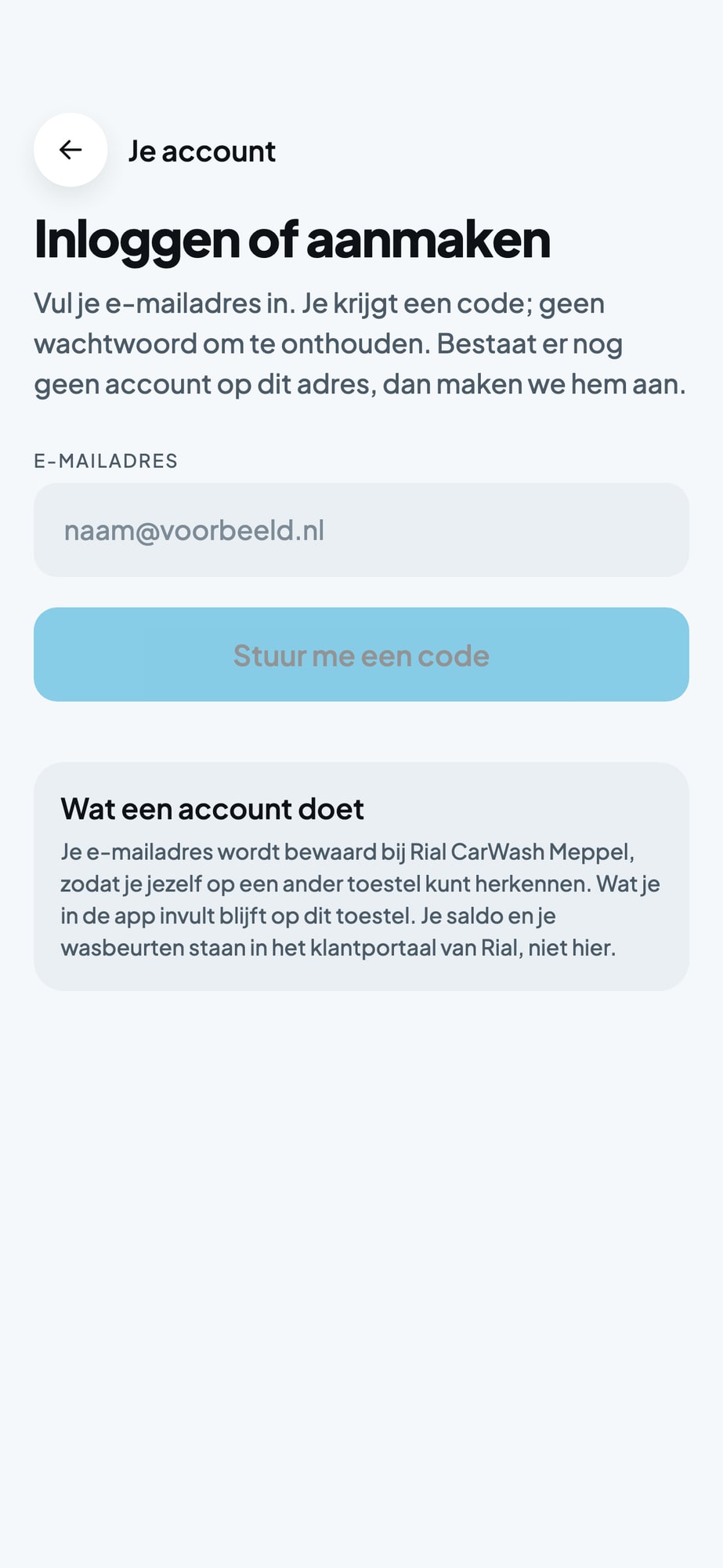 Scherm Je account in de app: inloggen of aanmaken met je e-mailadres en een code, zonder wachtwoord