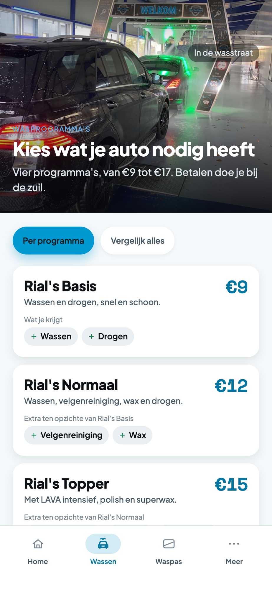 Scherm Wassen in de app met de wasprogramma's Rial's Basis voor 9 euro, Rial's Normaal voor 12 euro en Rial's Topper voor 15 euro